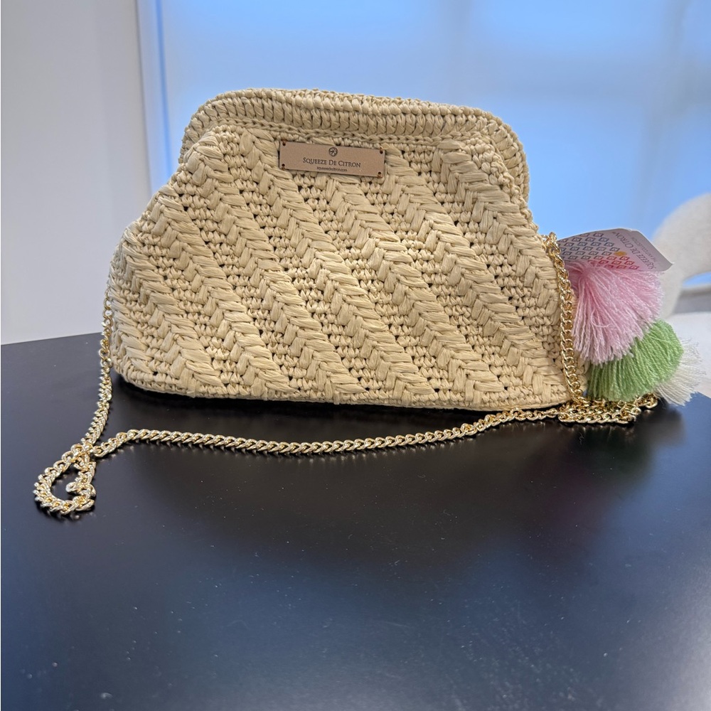 Squeeze de Citron natural raffia Clutch with Tassels handcrafted. With dust bag.